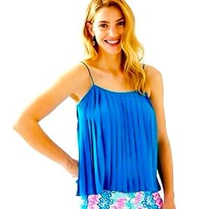 Lilly Pulitzer Rein Top Peacock Blue Pleated Strappy Tank Top Size M